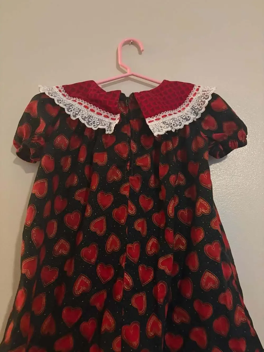 Vintage Handmade Girls Valentine's Day Heart Print Lace Collar Dress